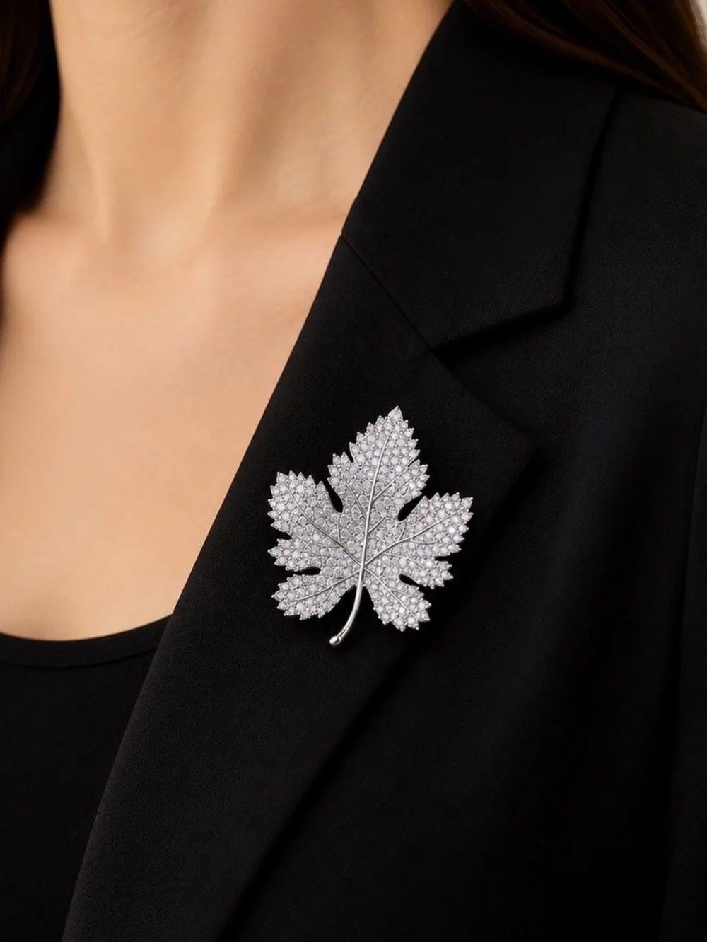 Maple Silver Crystal Leaf Brooch